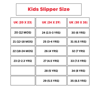 Table showing kids slipper sizes in UK measurements